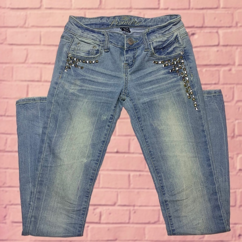 Premier Size 1/2 Womens Junior Jeans Tan Light Wash Denim with Studded Details